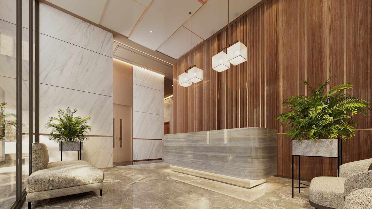 Lobby corporativo com mármore
