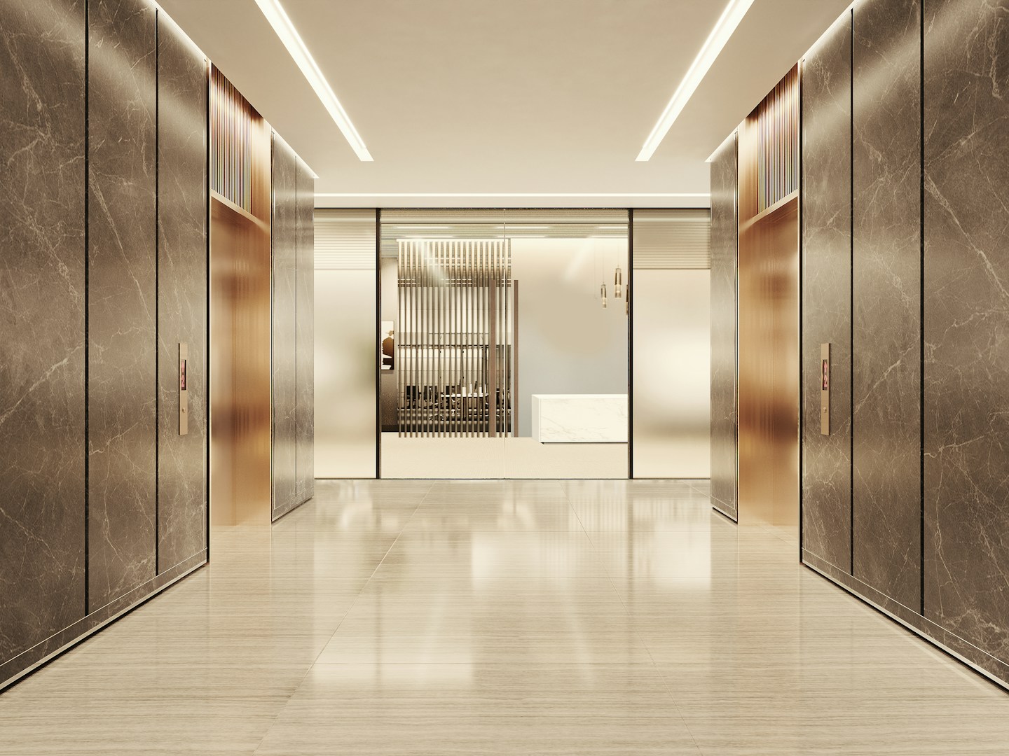 Lobby com acabamento em mármore e vidro